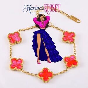 Coral Agate Marble Gold & Deep Pink Coral Clover Bracelet, 18 Karat Gold Plated